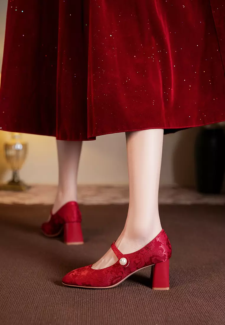 7CM Pearl Strap Cotton Print Mary Jane Shoes BY664-58
