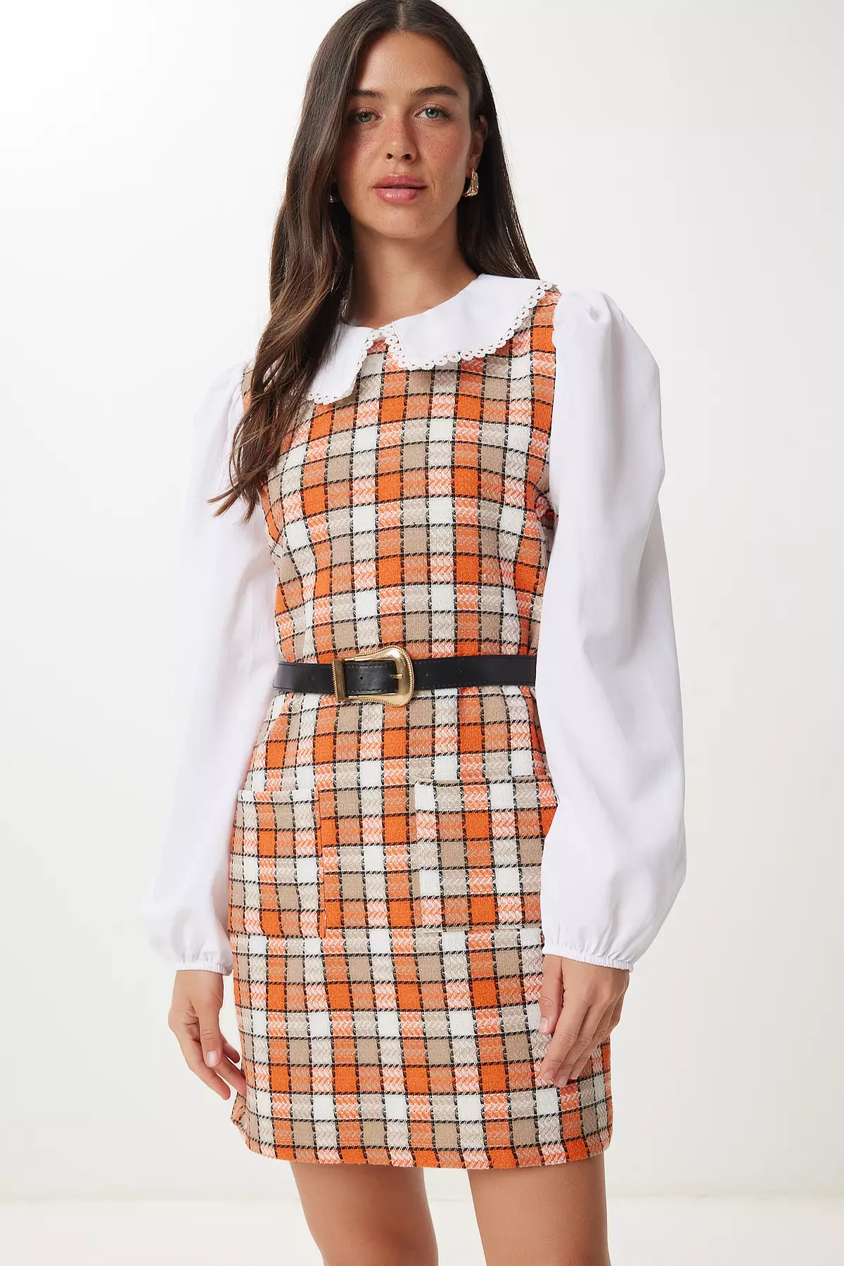 Women's Orange Bone Belt Mini Tweed Dress Rg00078