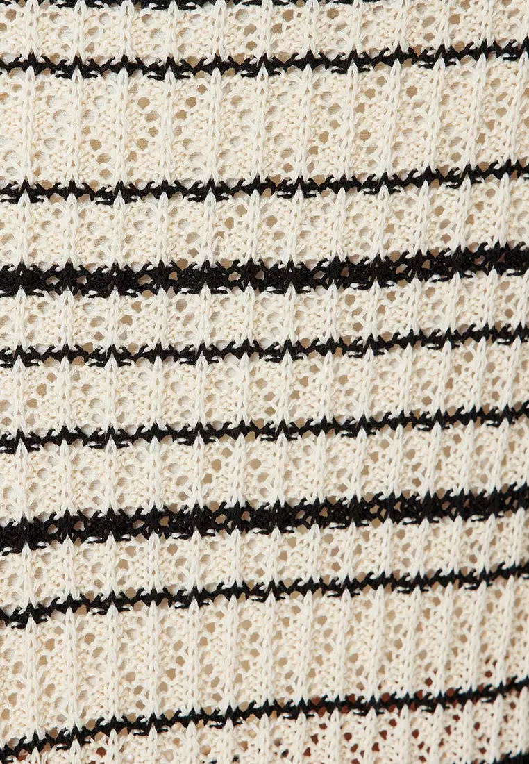 Detailed Openwork Striped Knit Midi Skirt