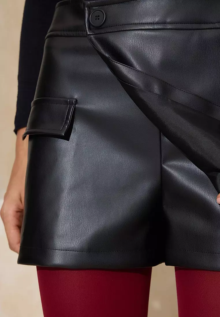 Black Faux Leather Mini Double-Breasted Short Skirt Twoss26Sr12