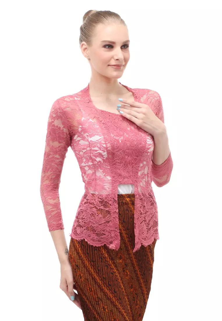 Hara Kebaya Seri 2 Motif Brokat Long Sleeves Atasan Wanita Transparan Premium Quality - Dusty Pink
