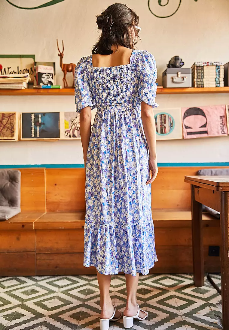 Floral Shirring Midi Dress