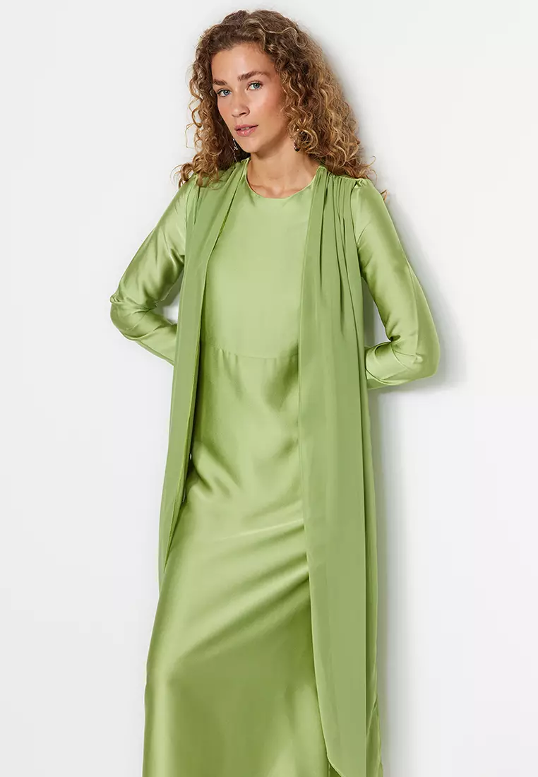 Green Flight Satin Evening Dress