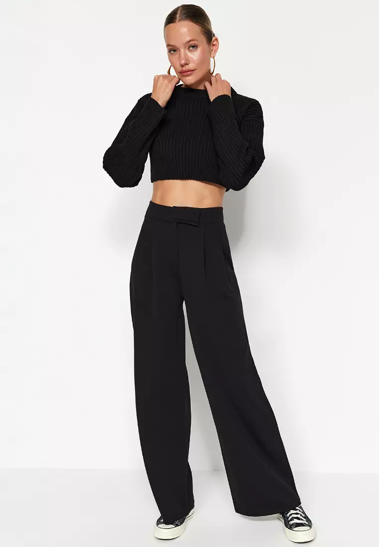 Black Hook And Loop Closure High Waist Pleated Wide Leg/Wide Cut Knitted Trousers Twoaw24Pl00177