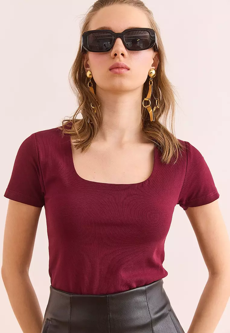 Square Neck Front Double Layer Crop Cotton Blouse