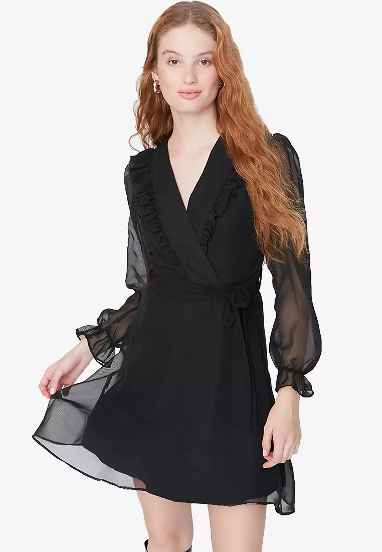 Black chiffon wrap dress deals