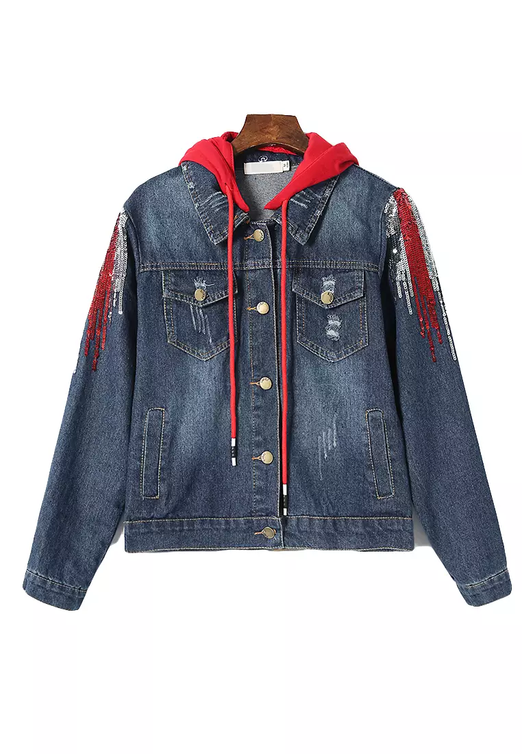 Red hooded hotsell denim jacket