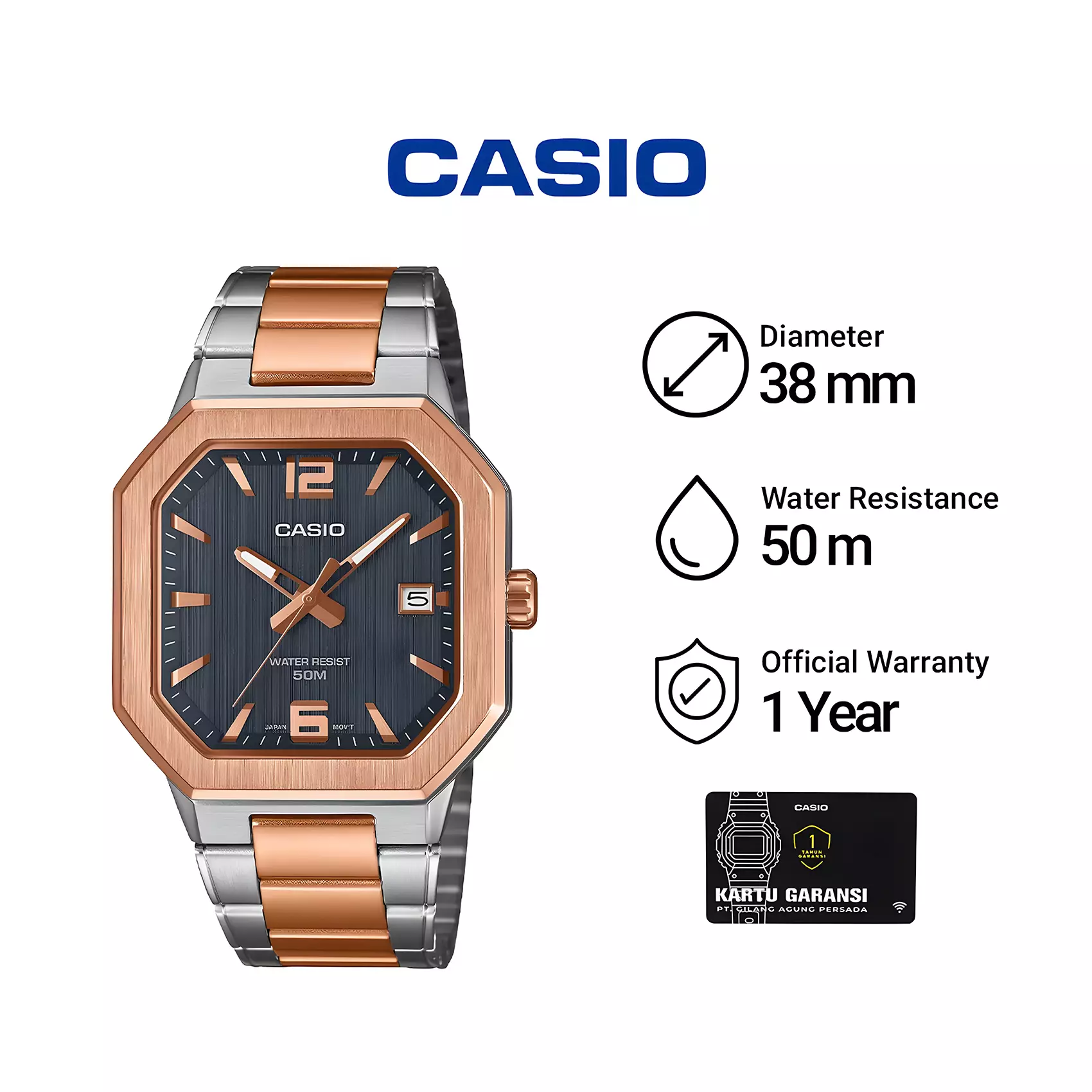 Casio- Jam Tangan Analog Pria - Silver Rose Gold Stainless Steel -  MTP-B195RG-2AV
