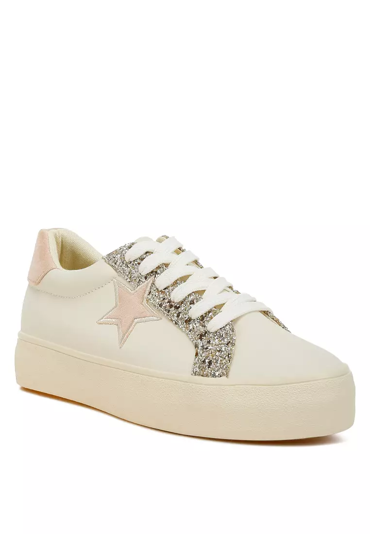 Metallic Star Glitter Sneakers in Beige Light Gold