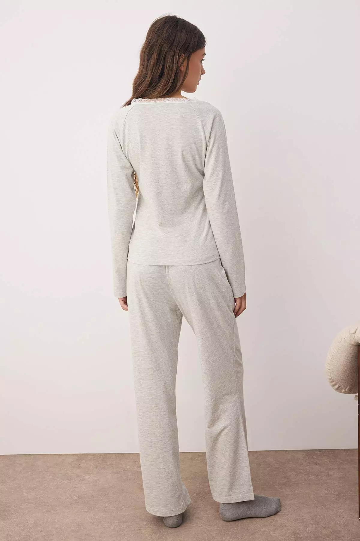 Gray Melange Cotton Lace Detailed Knitted Pajama Set Thmaw26Pt00051