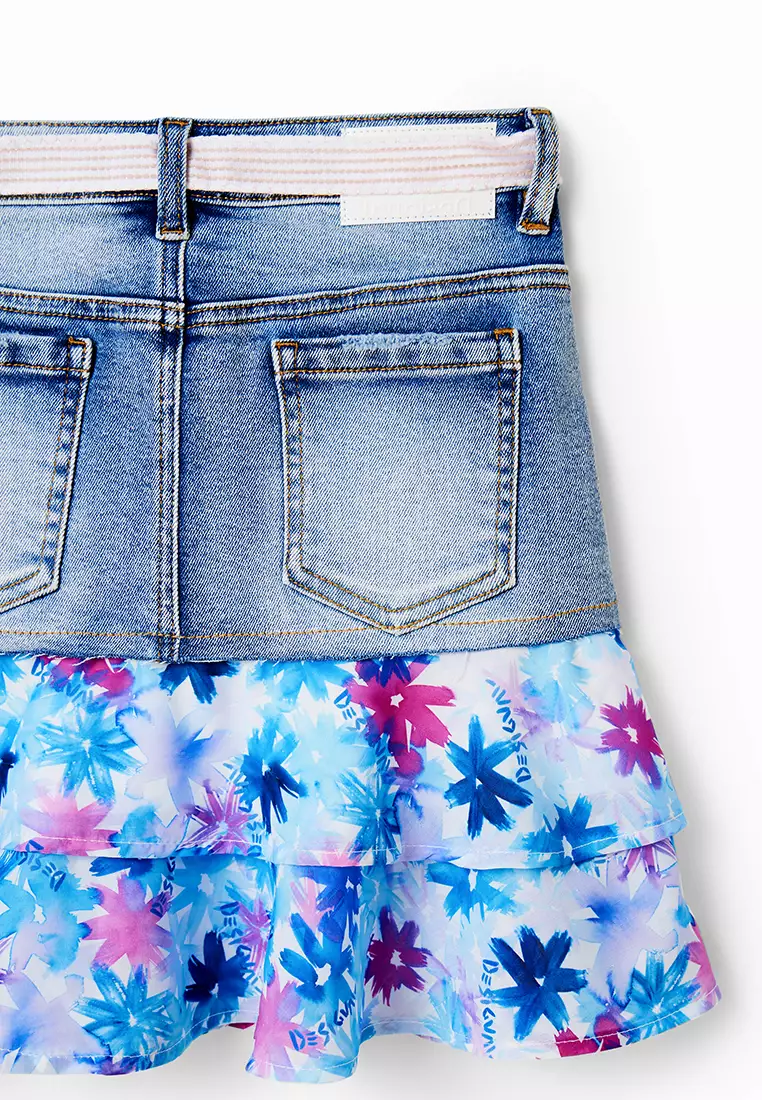 Desigual Denim Skirt Green Short Denim Skirt Flowers