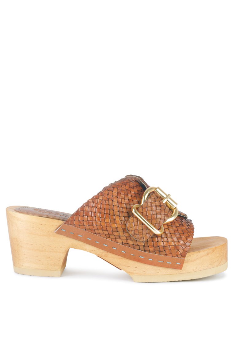 Braided Tan Leather Buckled Slide Clogs