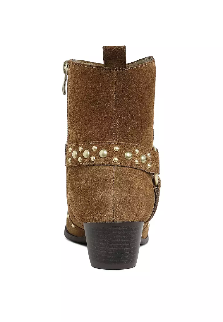 Studded Suede Ankle Boots in Taupe