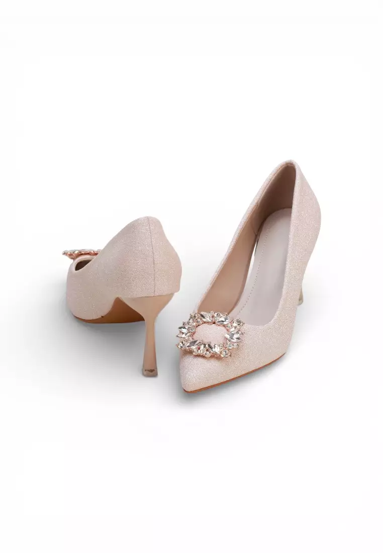Luxe Crystal Buckle Pointed Toe  Heels 115 in Gold
