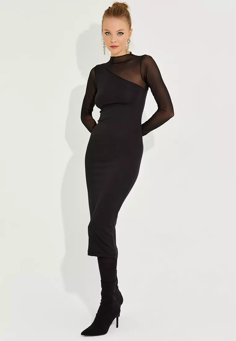 Tulle Detailed Asymmetric Midi Dress