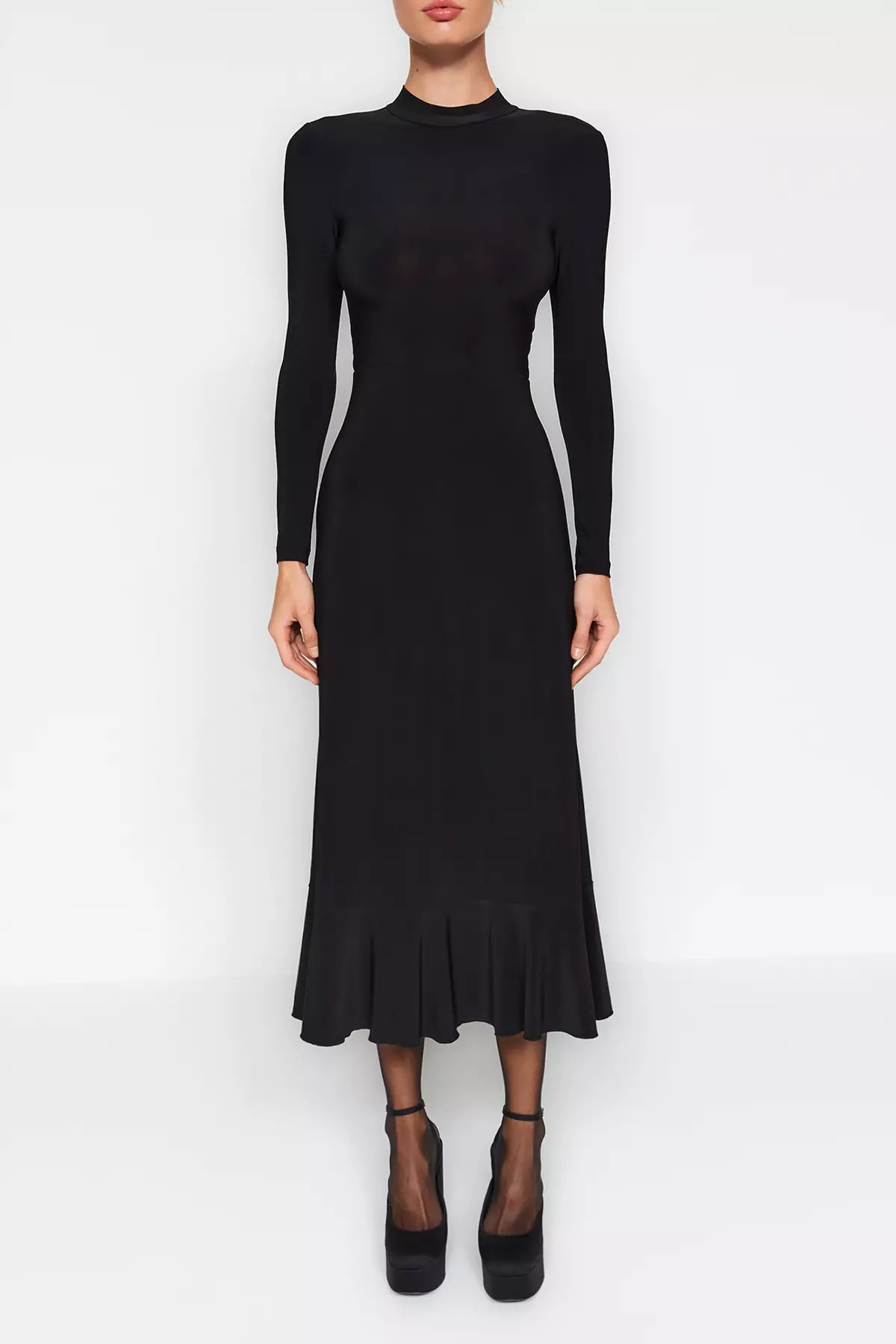 Buy Trendyol Black Maxi Oversized Knit Dress with Ruffles Pleats and ...