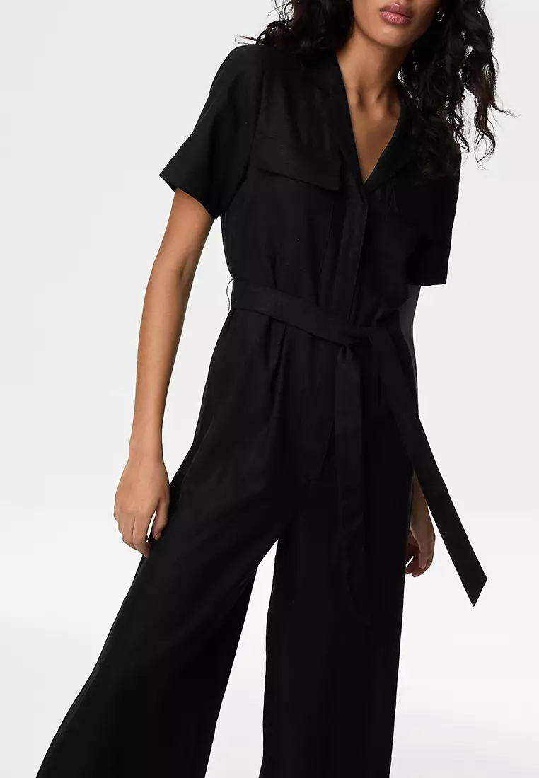 Linen Blend Belted Utility Jumpsuit