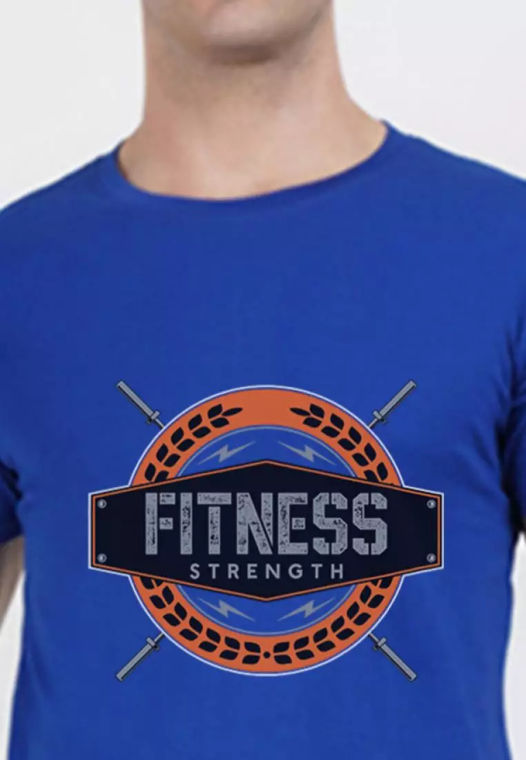 Fitness Strength 图案蓝色棉质短袖锻炼/训练 T 恤