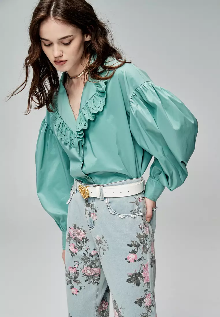 Drop Shoulder Seam Oversize Green Top With Lace Collar