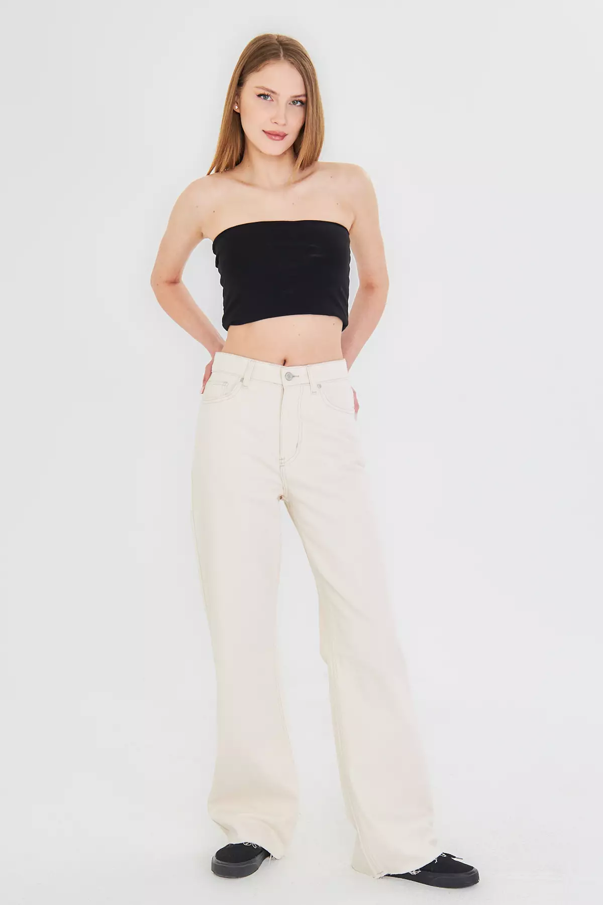 Ecru Cut-Off High Waist Straight Jeans TWOAW25JE00378