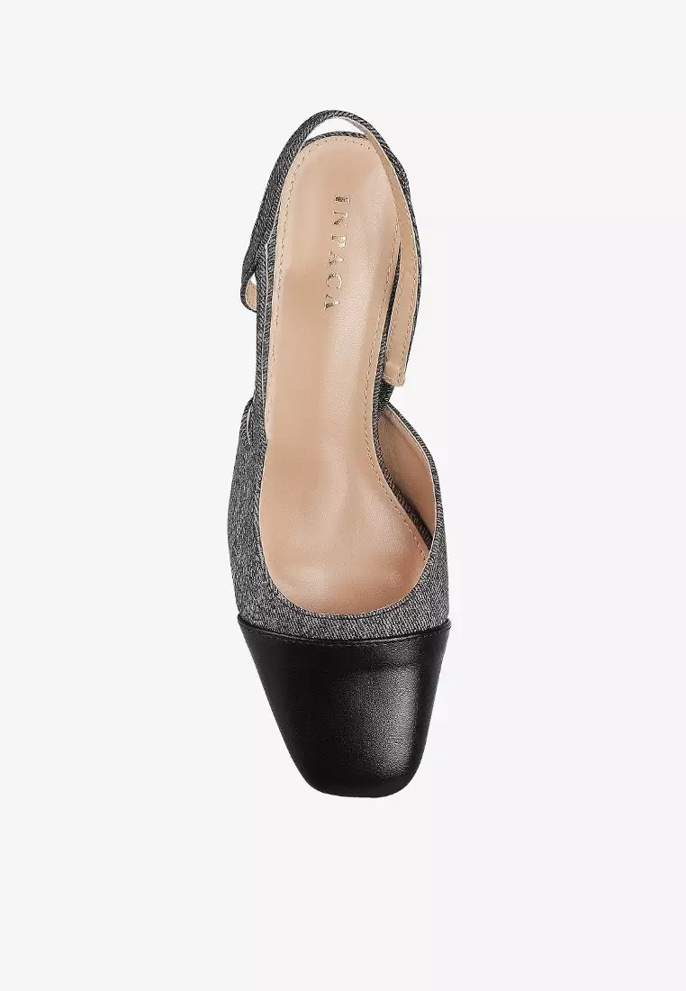 Jenna Denim Sling Back Square Toe Block Heels