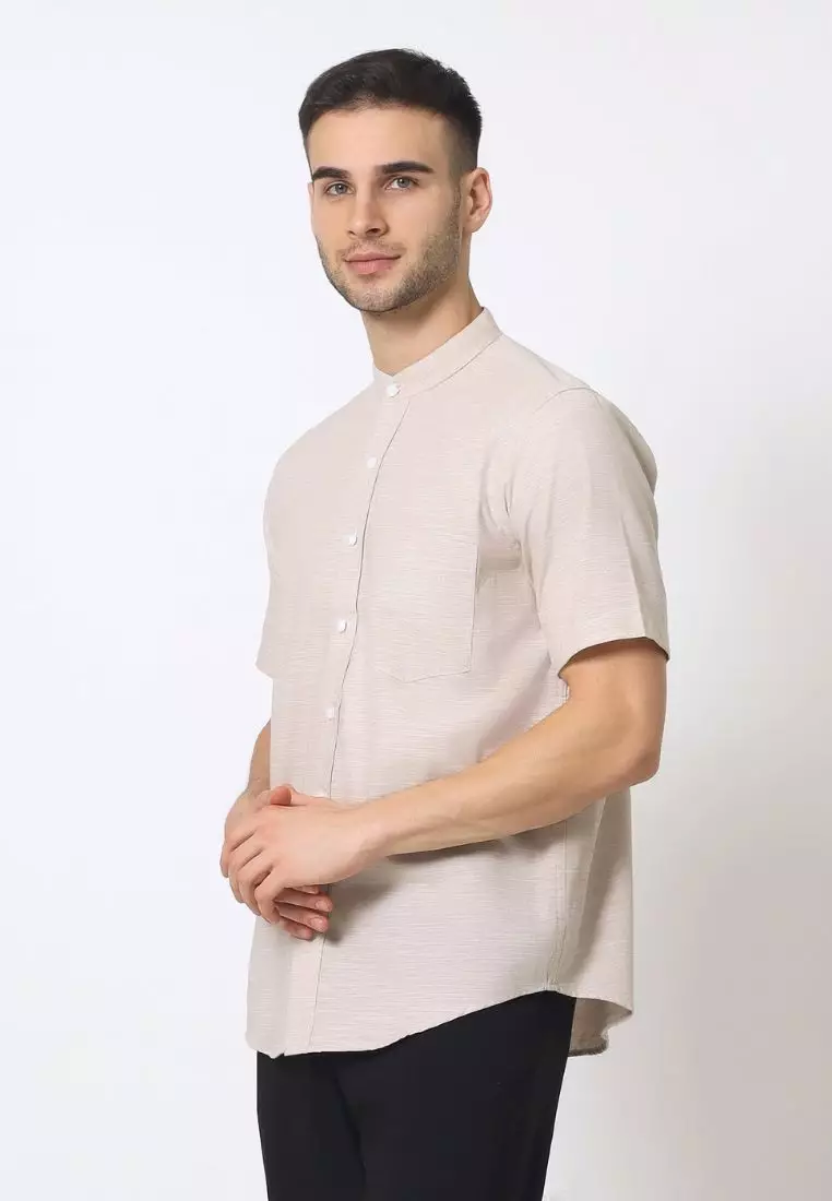 Cotton Well Zayn Shirt Khaki | Kemeja Koko Oxford Slub Lengan Pendek Cream
