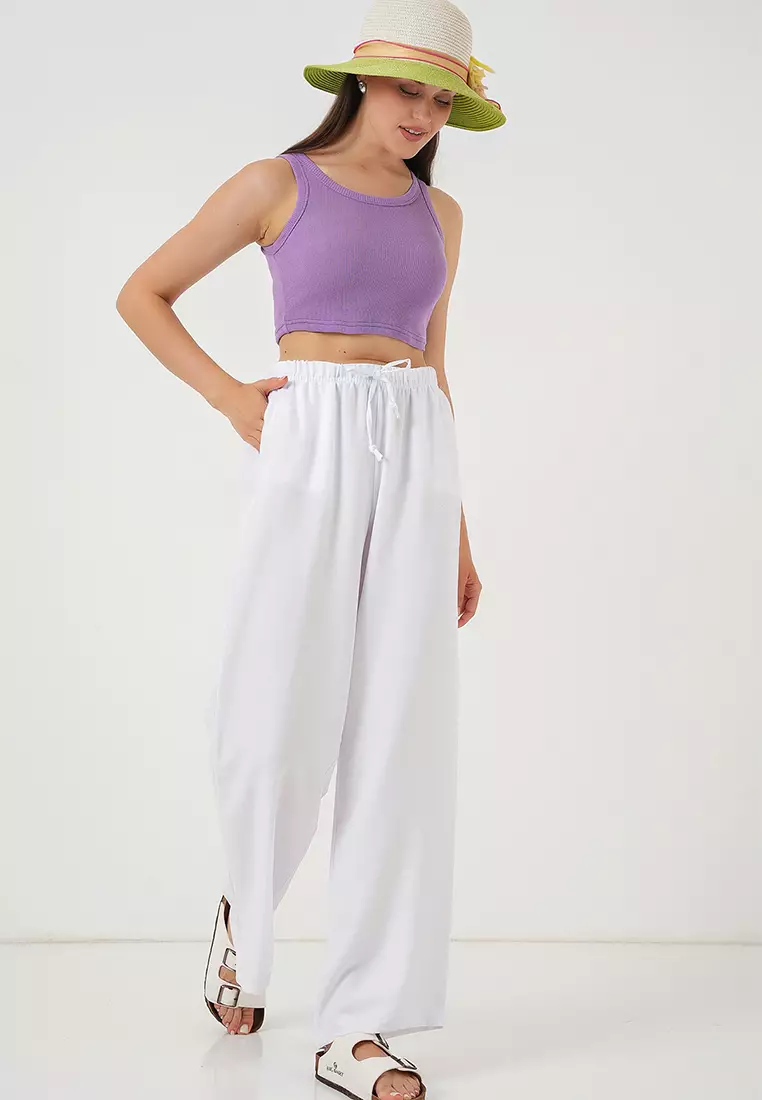 Women's Wide Leg Linen Trousers 6735 - White