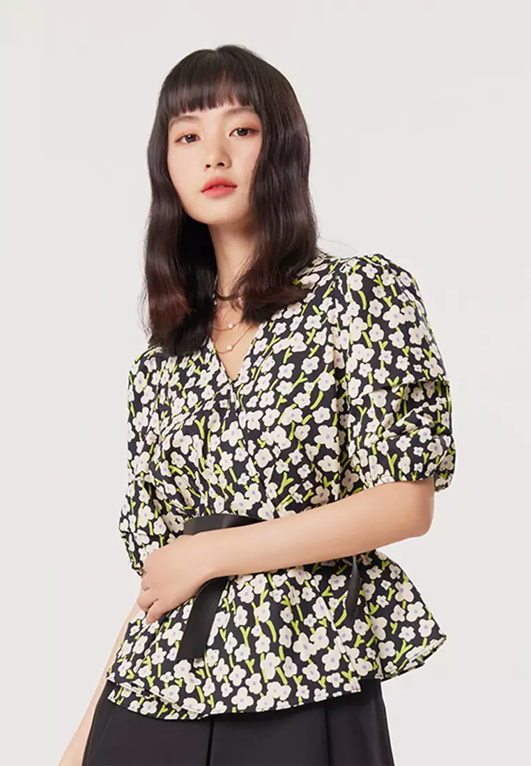 Allover Floral Print V Neck Top with Ribbon Waist Tie