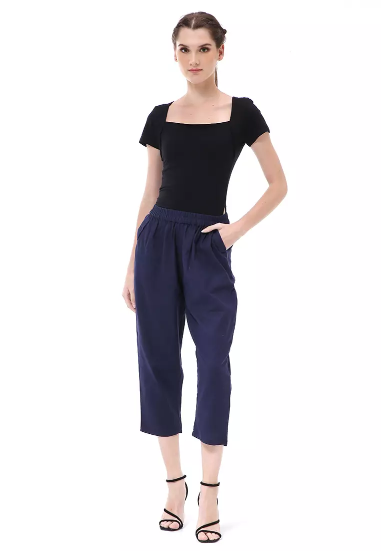 Stella Long Pants Celana Kulot Wanita Korean Style Material Linen ORIGINAL - Navy