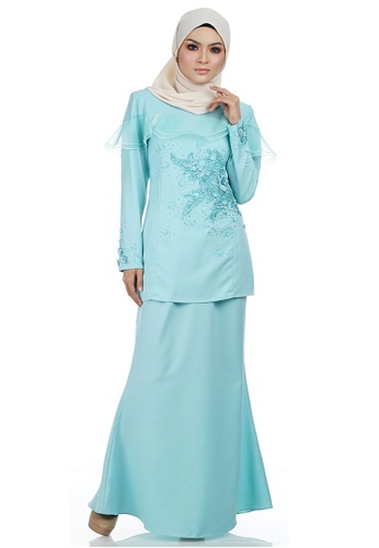 Nurine Kurung with Layered Frill Panel (Off Shoulder Panel) from Ashura in Blue