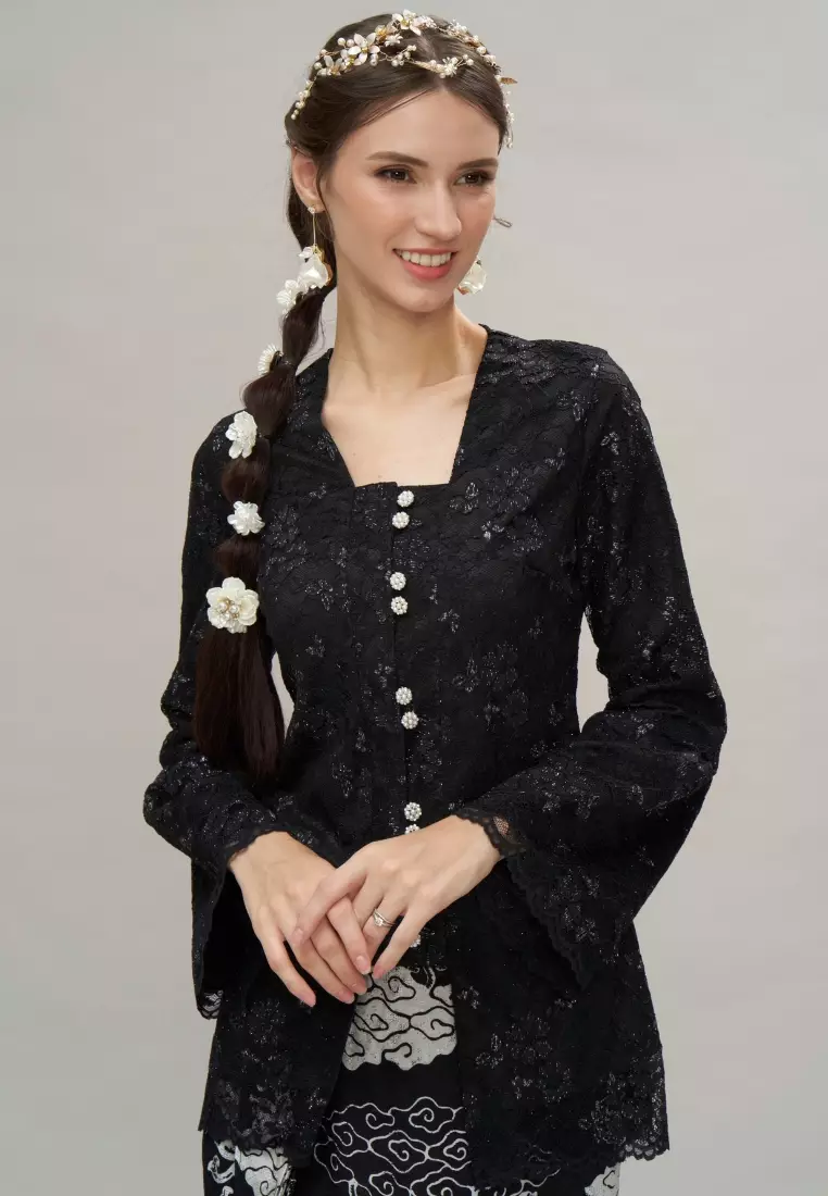Black Intricate Lace Kebaya Top & Black Premium Batik Skirt Hari Raya