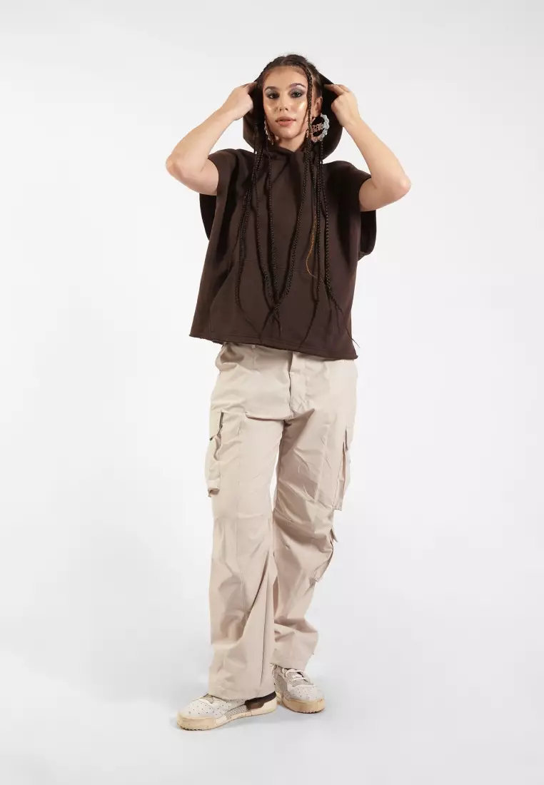 VEDECI X OCWA CONNOR BOXY CROP SLEEVELESS HOODIE DARK BROWN