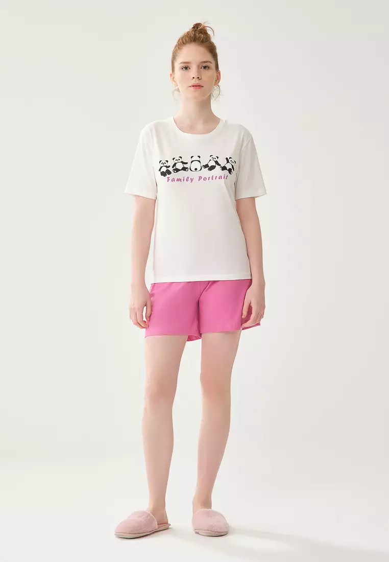 DAGİ Ecru Short Pyjama Set, Animal Print, Crew Neck, Normal Fit, Wide