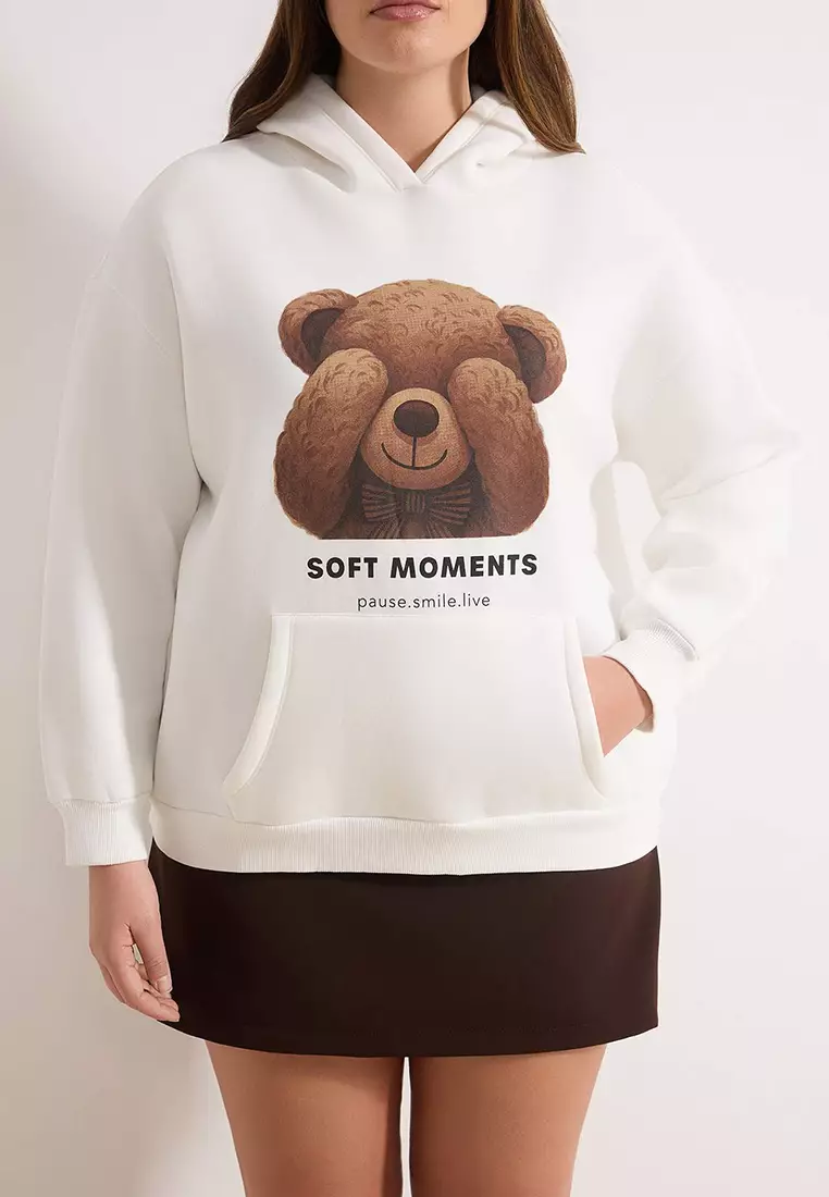 Ecru Teddy Bear Printed Oversized Large Size Sweatshirt With Fleece Inside Tbbaw26Ao00013