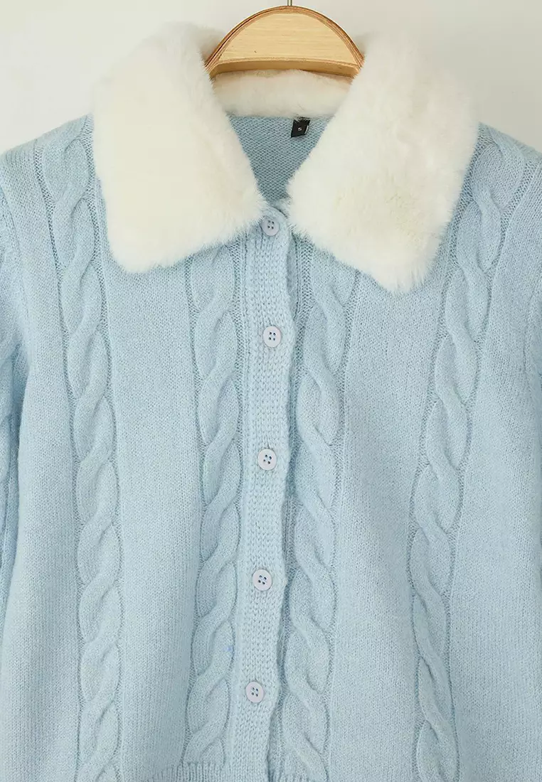 Blue Crop Fur Detailed Fitted/Body Wrap Knitwear Cardigan