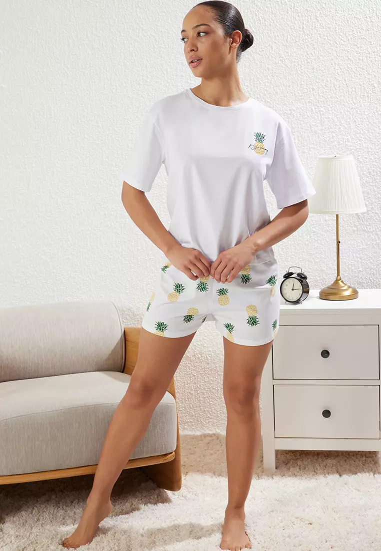 White Pineapple Patterned Shorts Knitted Pajama Set