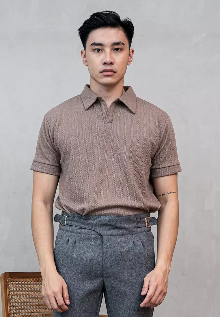 Houseofcuff Polo Shirt Rajut Stretch Lengan Pendek Pria Coklat Susu