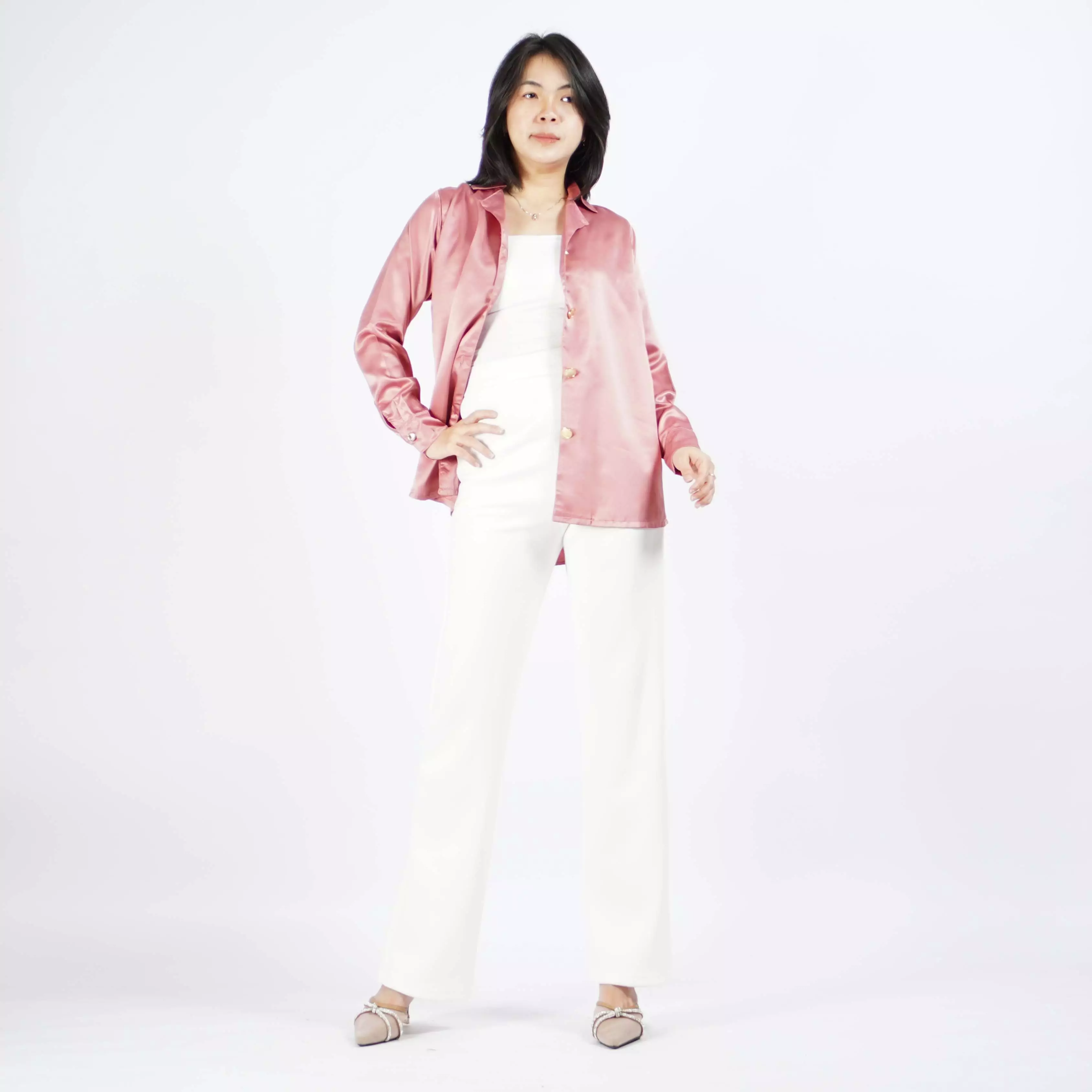 Kemeja Satin VICTORIA Kemeja Wanita Gaya Korea - Pink