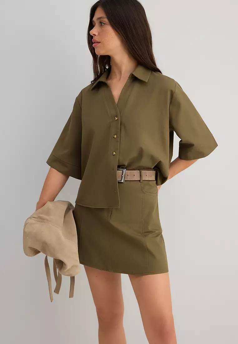 Khaki Thin Gabardine Boxy Cotton Shirt