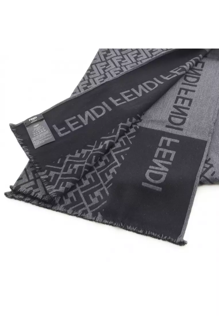 Pre-Loved Fendi FF pattern Scarf wool silk gray black