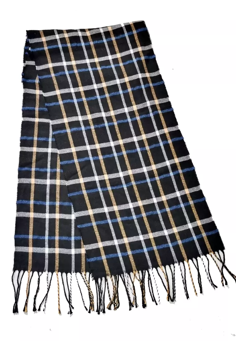 Aksesoris Syal Wanita Checkered Muffler Shawl Black & Blue