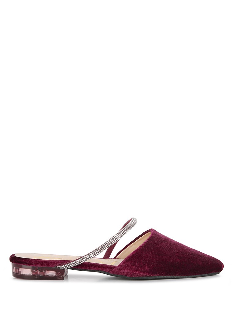 Burgundy Velvet Diamante Detail Flat Mules