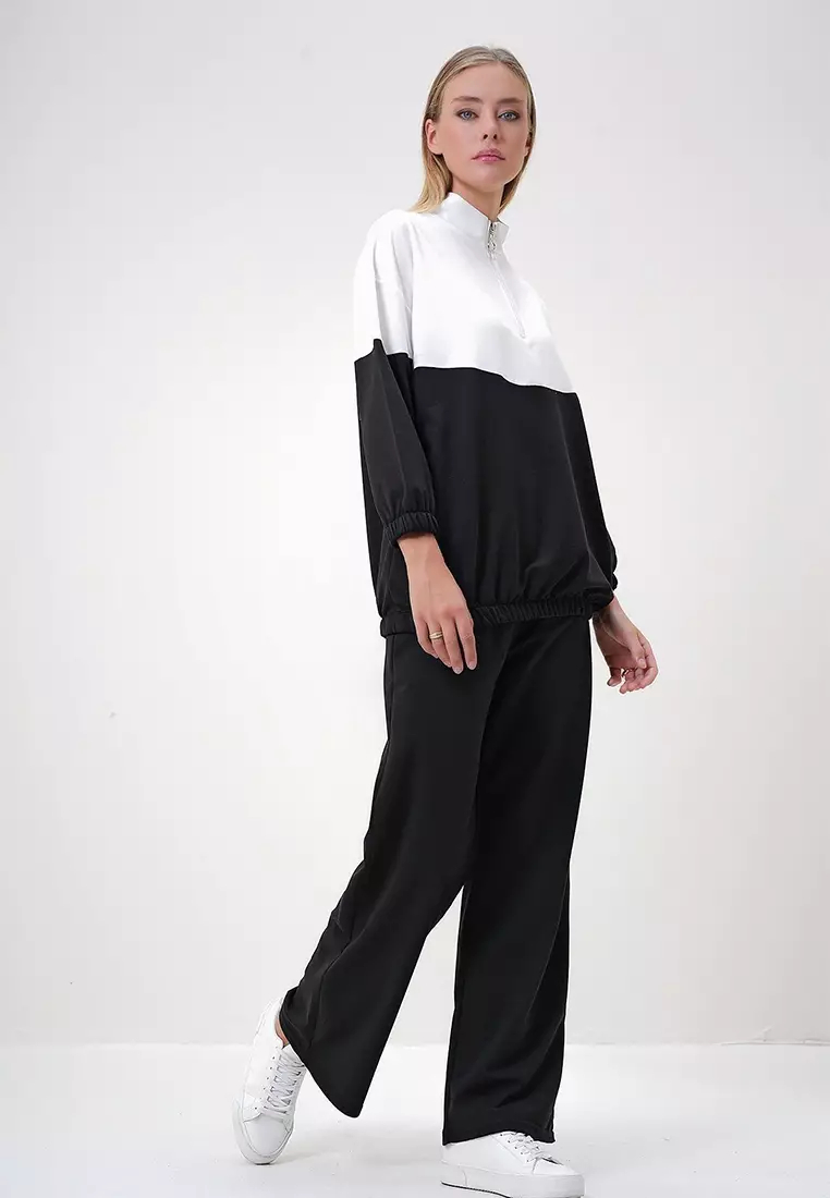 Women's Black Stand Collar Zippered Color Block Two Thread Top-Bottom Set Alc-X12887