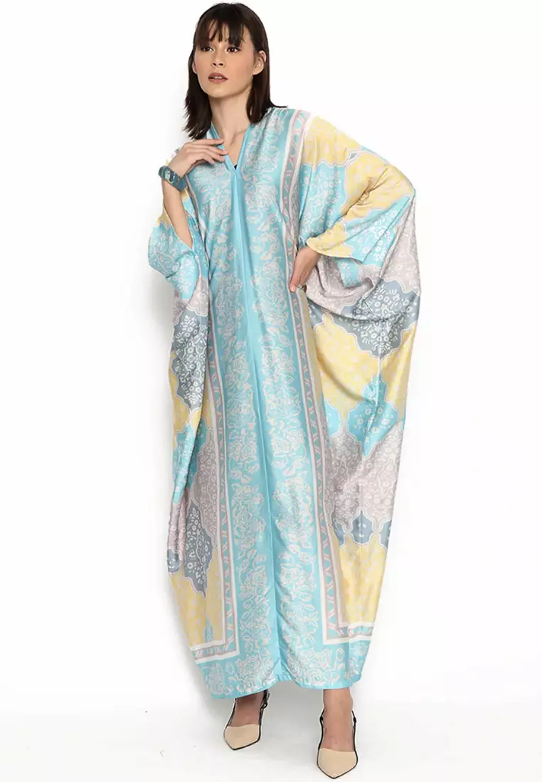 Kanzi Long Sleeve Blue Geometric Kaftan