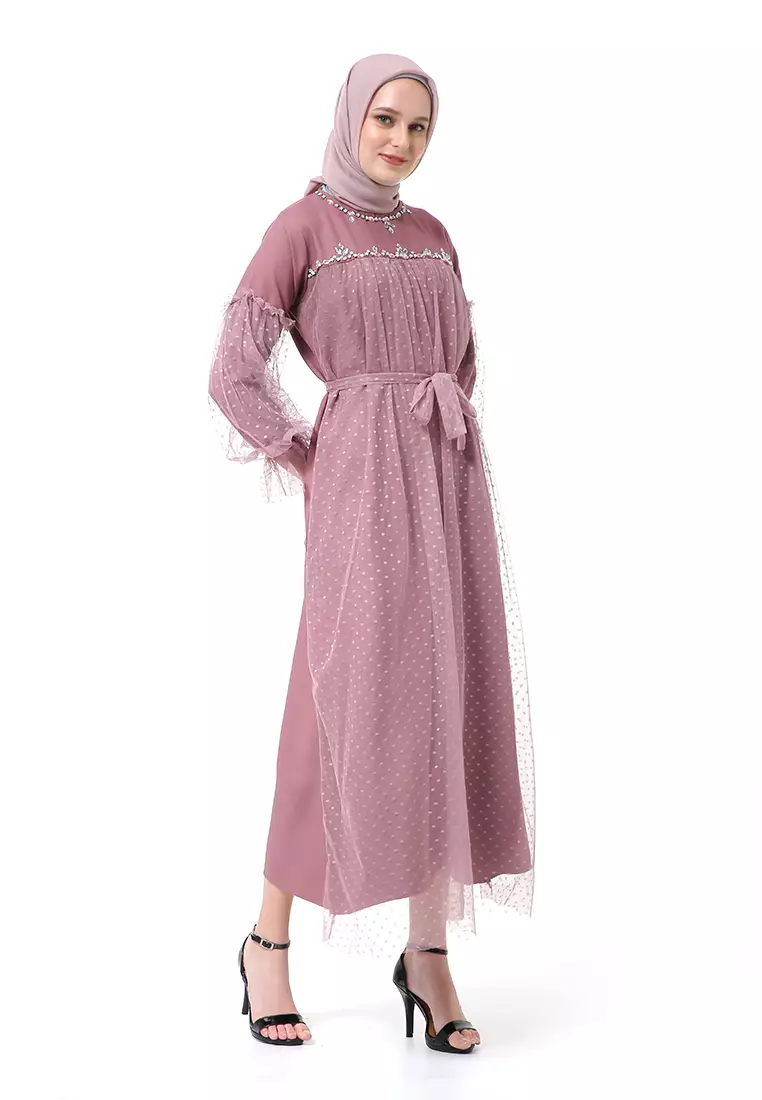Varsha Dress Wanita Long Sleeve Motif Polos Polkadot High Quality - Opera Mauve