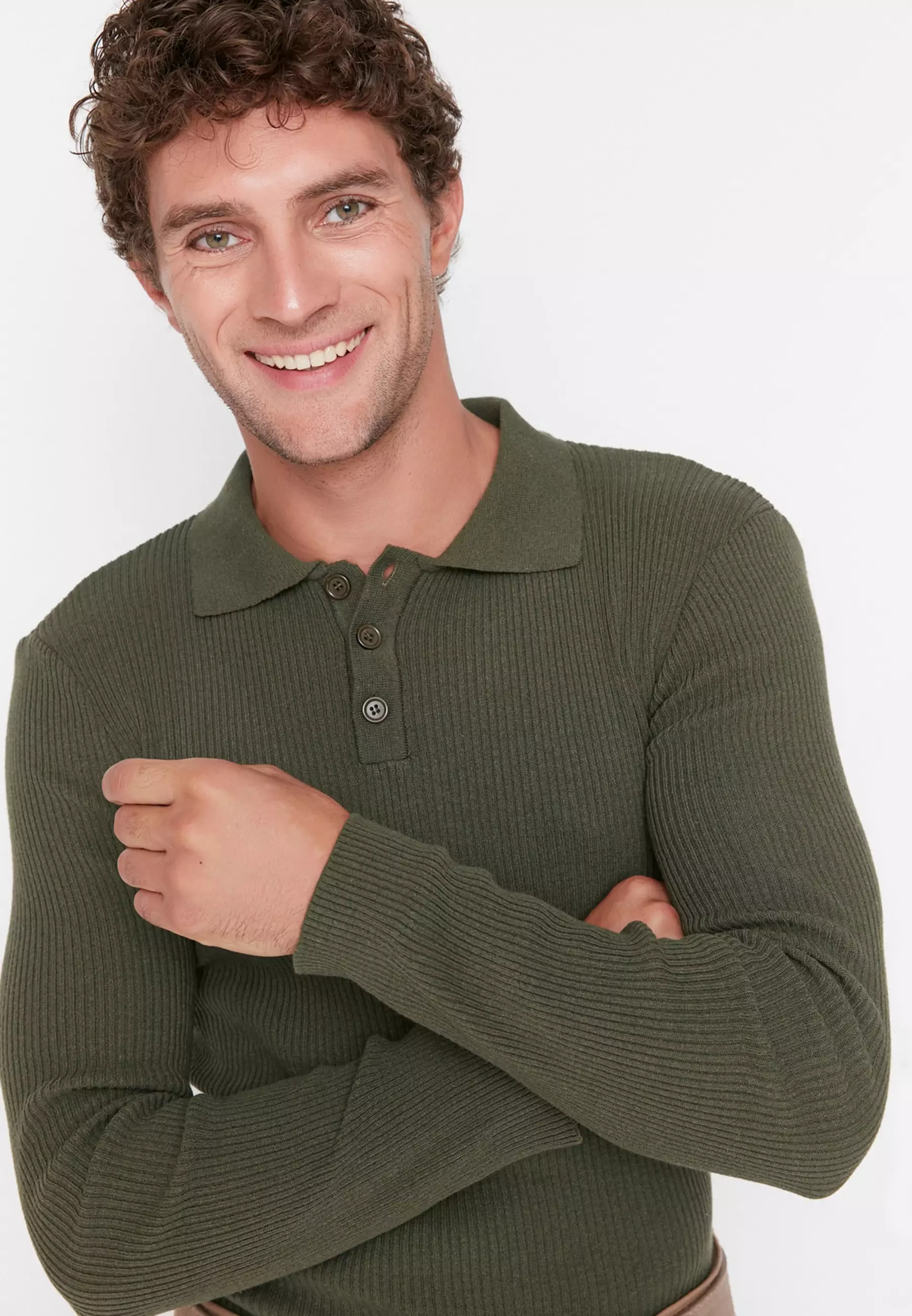 Slim Fit Buttoned Polo Neck Corduroy Knitted Sweater