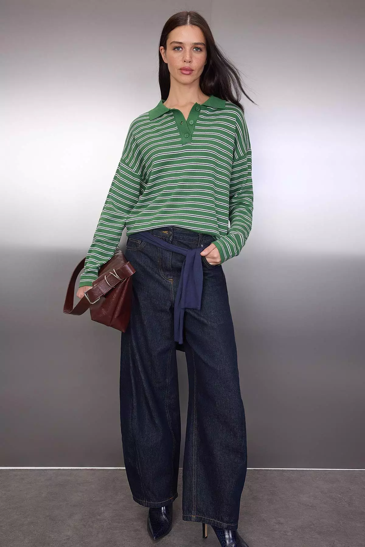 Wardrobe Essentials Green Premium Yarn/Custom Yarn Wide Fit Striped Knitwear Sweater Twoaw26Kz195