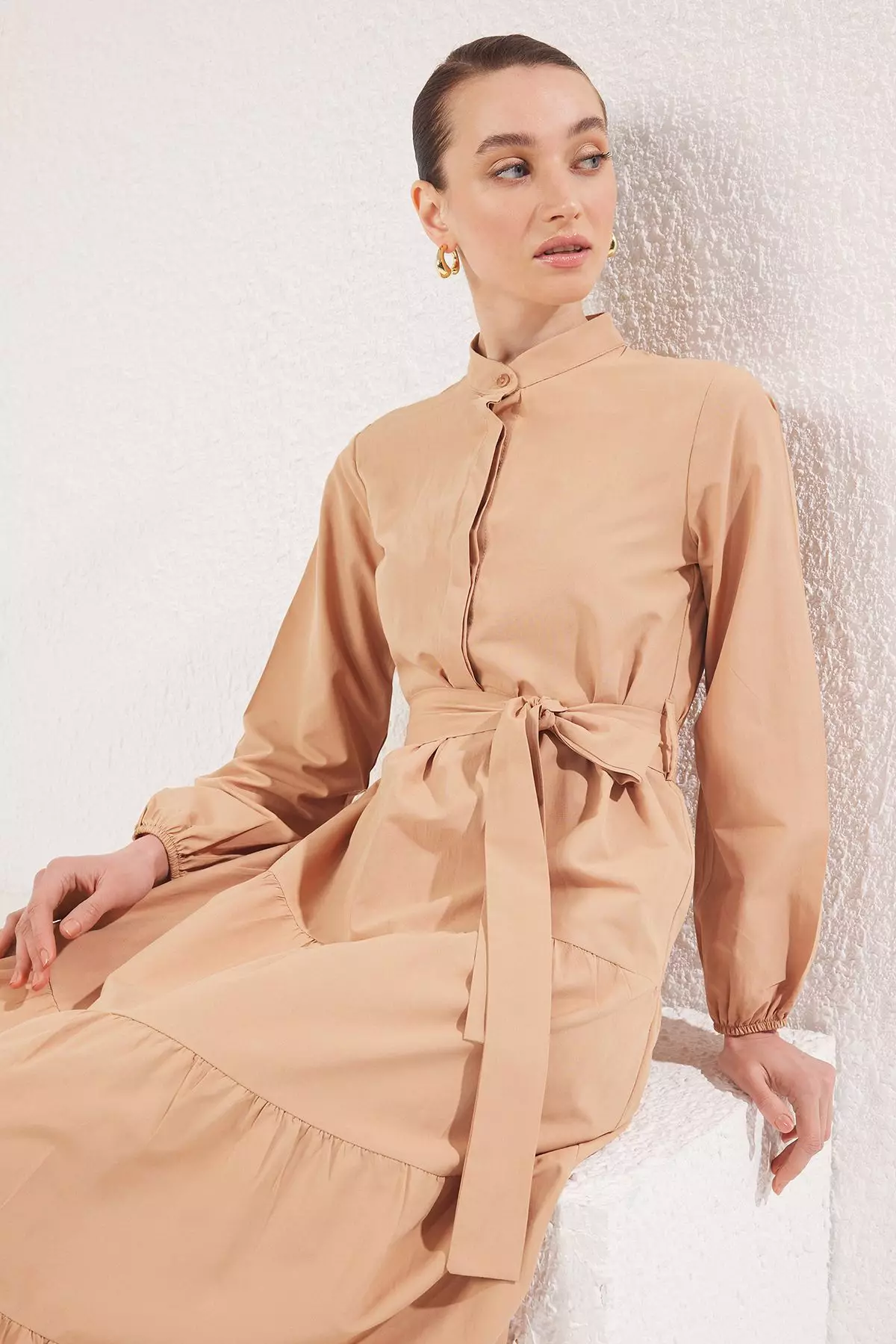 Beige Belted Judge Collar with Button Detail Woven Dress TCTSS21EL3343