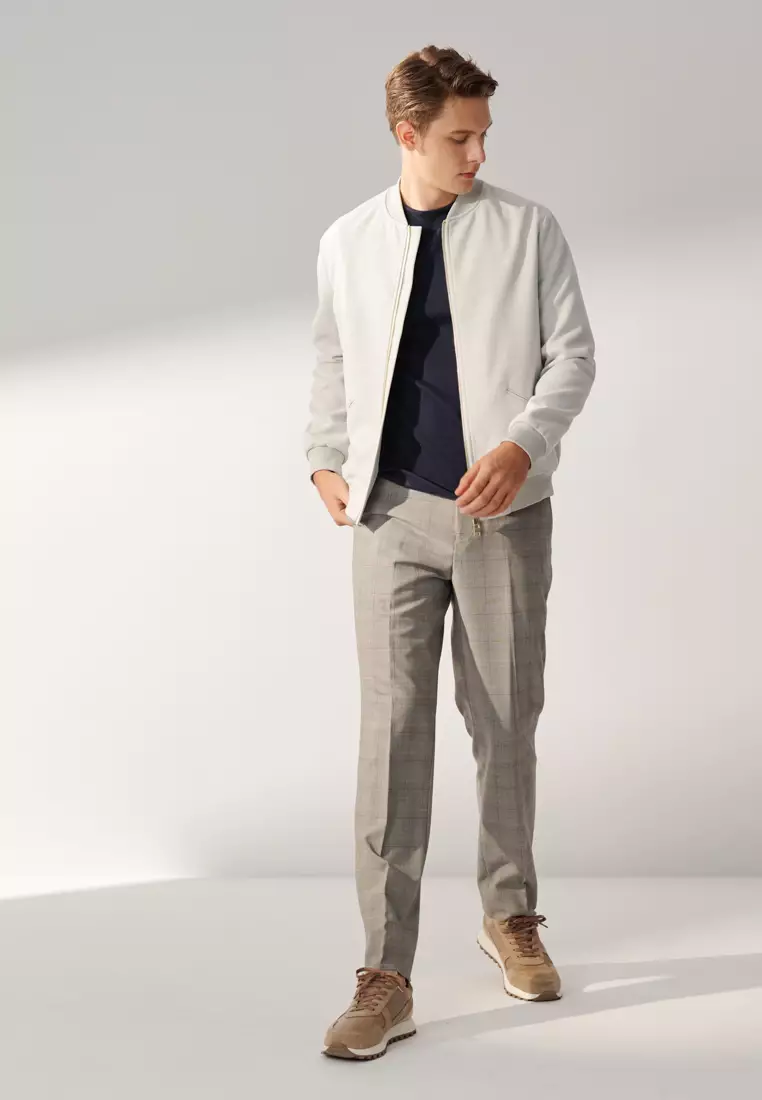 經典款淺灰威爾斯格紋修身西裝褲