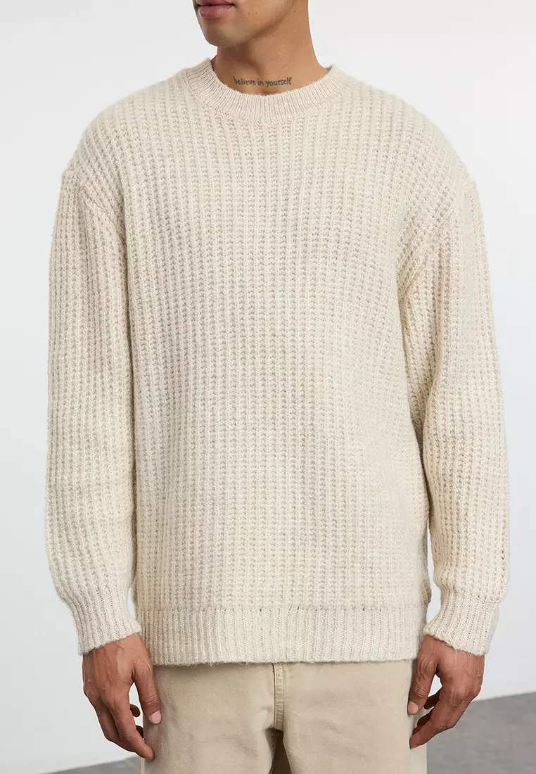 Stone Unisex Oversize Crew Neck Textured Knitwear Sweater TMNAW25KZ00011
